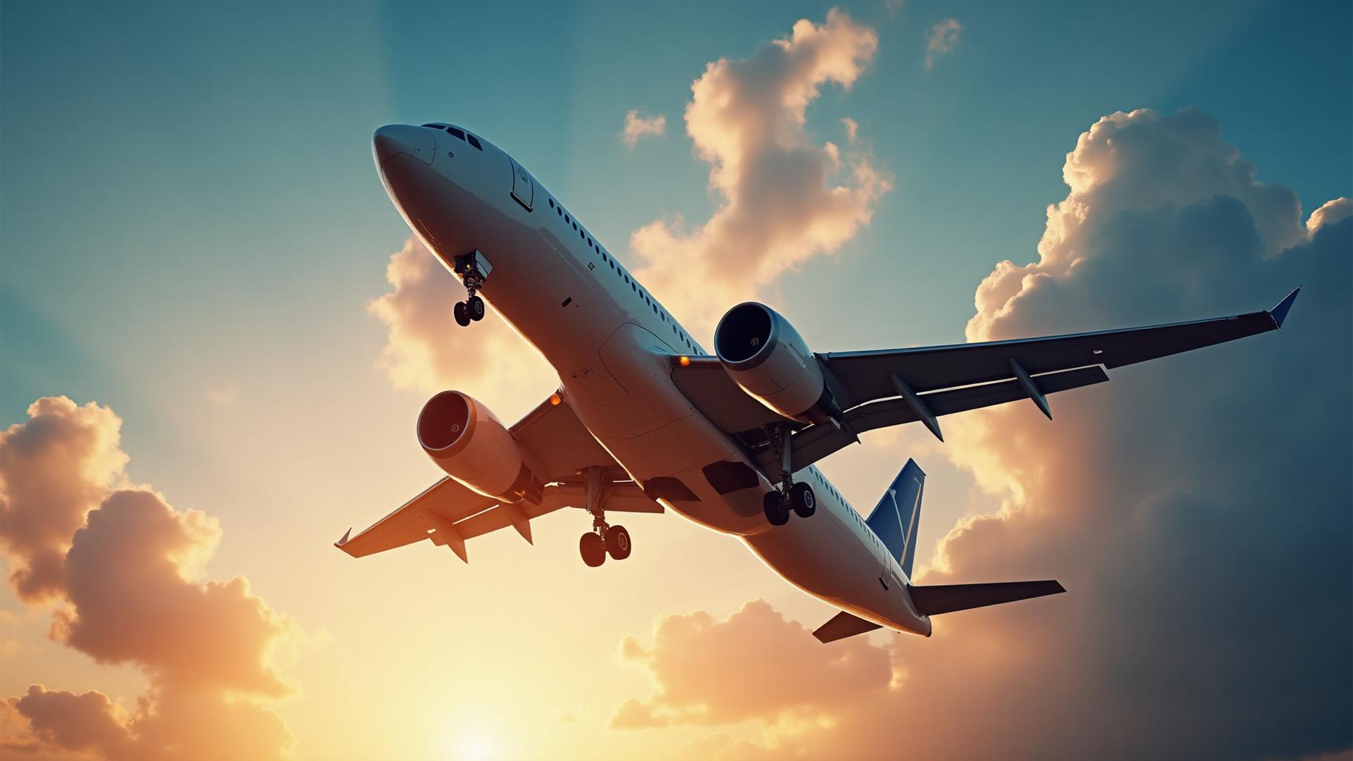 Commercial airplane taking off during golden hour